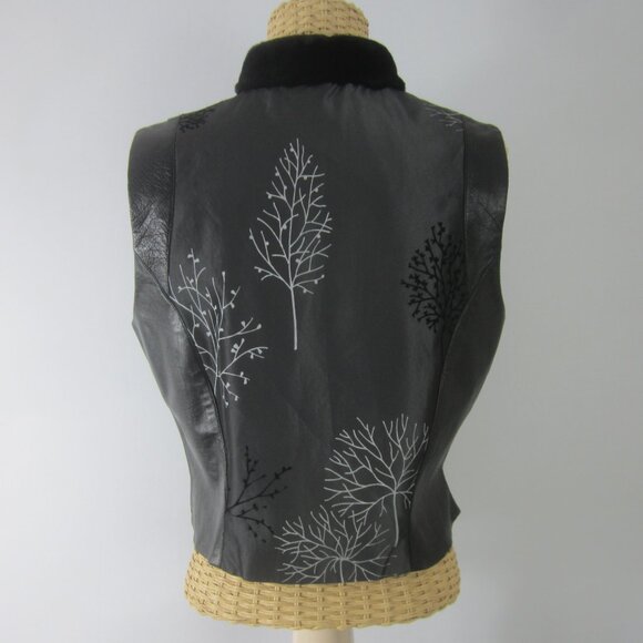 Vtg TAPP New York Womens M Black Gray Tree Print Lamb Leather Vest Fur Collar - Picture 3 of 13